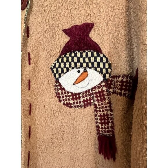 Vintage Jacket L Brown Kirklands Fleece Snowman Festive Christmas Holiday Mature - Picture 2 of 11